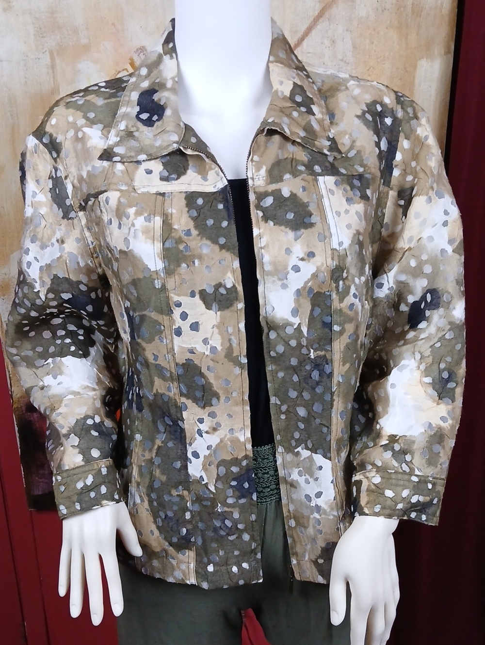 Ruby Rd. Favorites Women's Khaki & Olive Abstract Dot Zip Up Jacket Size 12